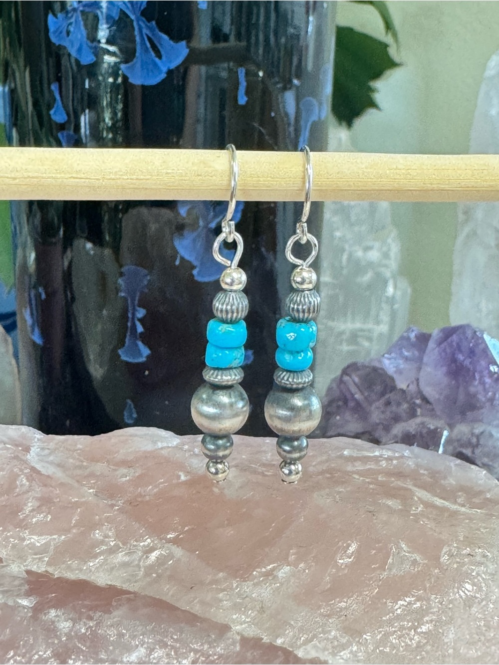Handmade Sleeping Beauty Turquoise Sterling Silver Desert Pearl Dangle Earrings